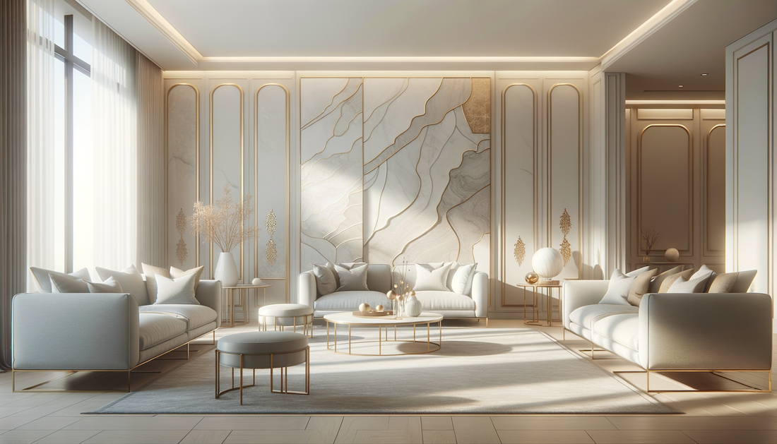 modern living room with marble wall panels, neutral colors, and elegant contemporary furniture