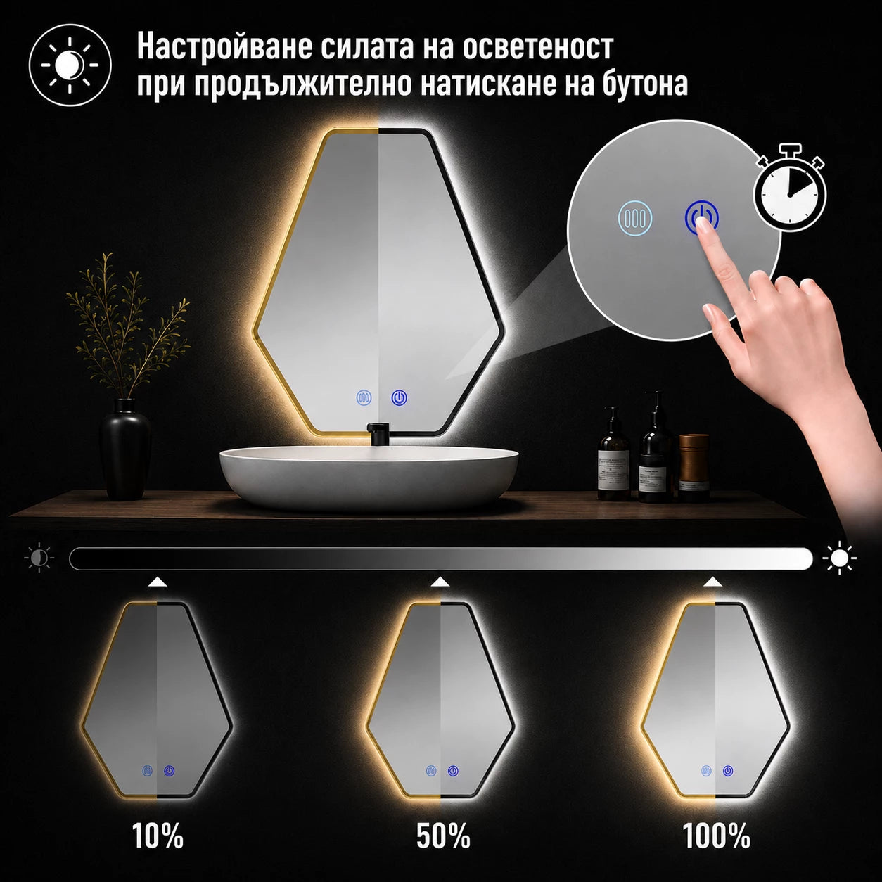 Огледало с LED осветление и функция против изпотяване Марина с Златна или черна рамка